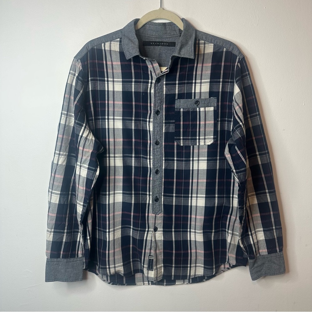 Sean John Blue White Gray Plaid Button Up Shirt Size L Large